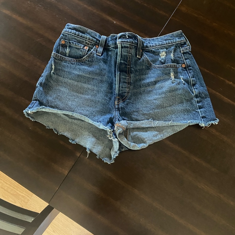 Levi's Dark Blue High-Waist Distressed Denim Shorts